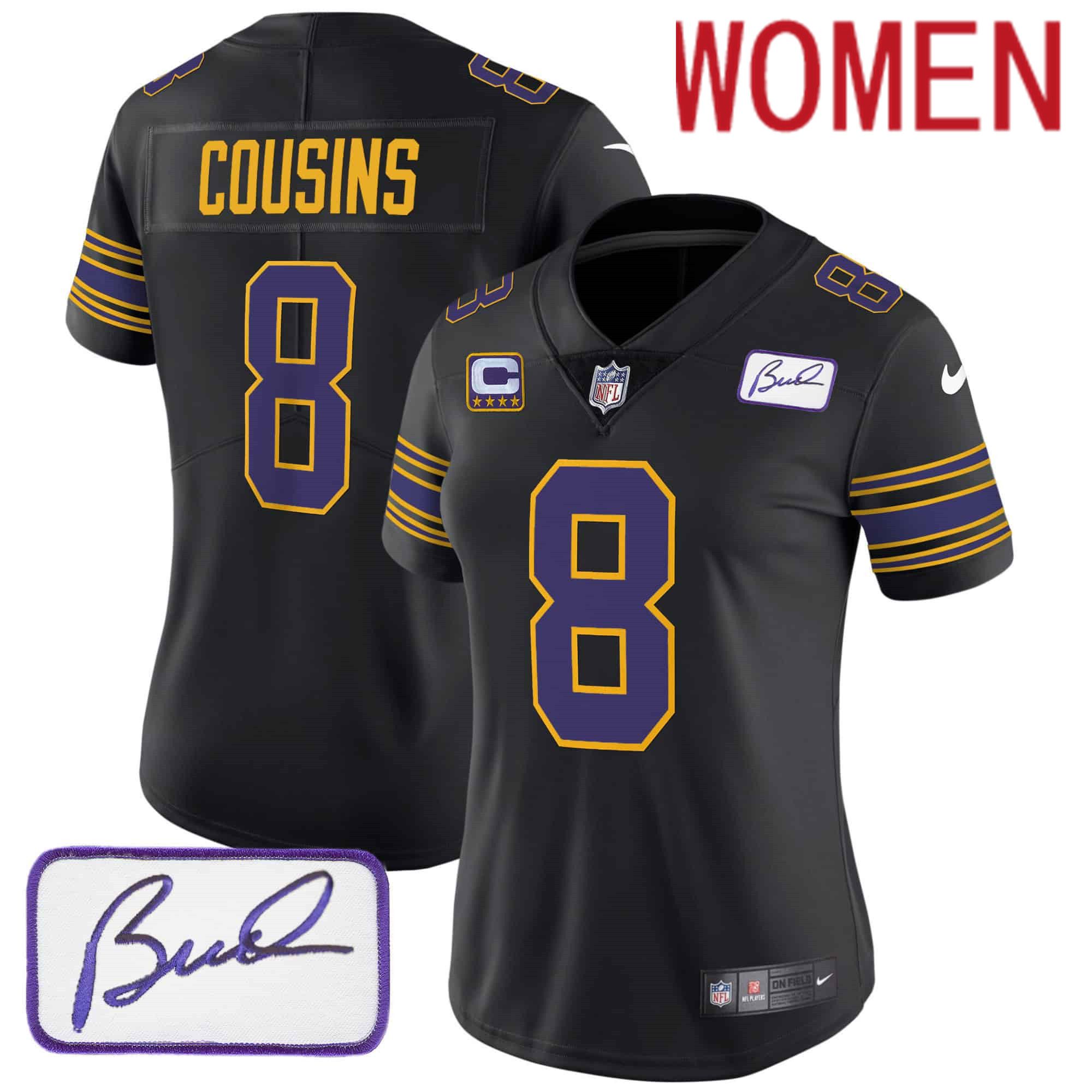 Women Minnesota Vikings 8 Cousins Black 2024 Nike Bud Grant Patch Classic Limited NFL Jersey